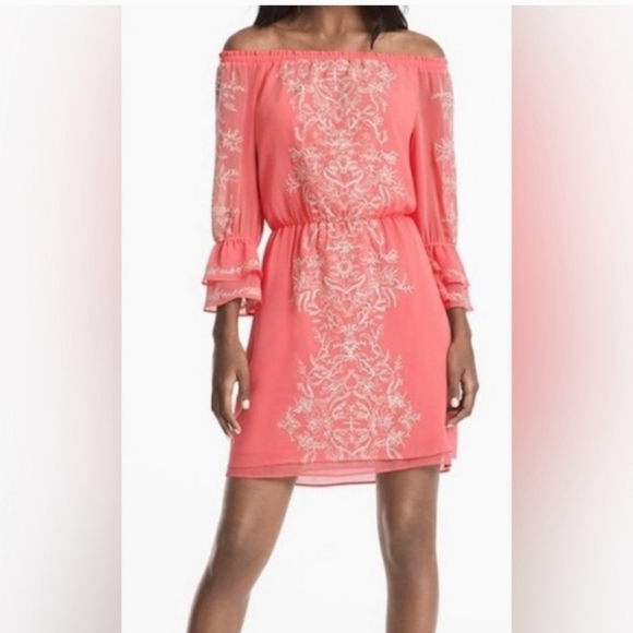 White House Black Market Gold Metallic Embroidered Coral Boho Off Shoulder Dress - Picture 1 of 9